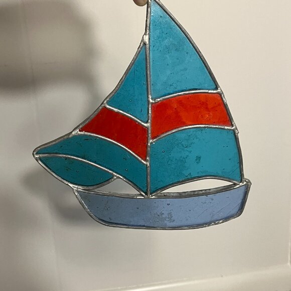 Stained Glass Sailboat Red Blue 6" x 7" Sun Catcher - Picture 2 of 3